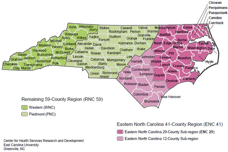 Map of North Carolina counties broken into regions